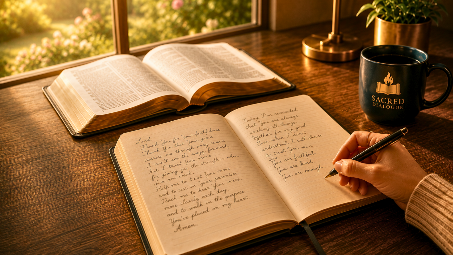 An open Bible beside a handwritten journal page on a wooden desk, softly lit by window light